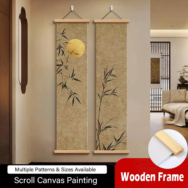 Zen Inspired Chinese Style Wall Art - Bamboo Painting on Canvas Solid Wood Scroll with Frame for Space Decor