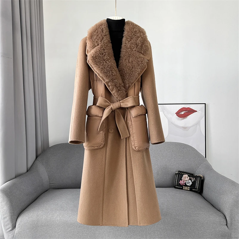 Aorice Women Luxury Winter Wool Jacket Down Coat Femal Sheep Fur Collar Coats Lady Long Over Size Parka Trench CT2155