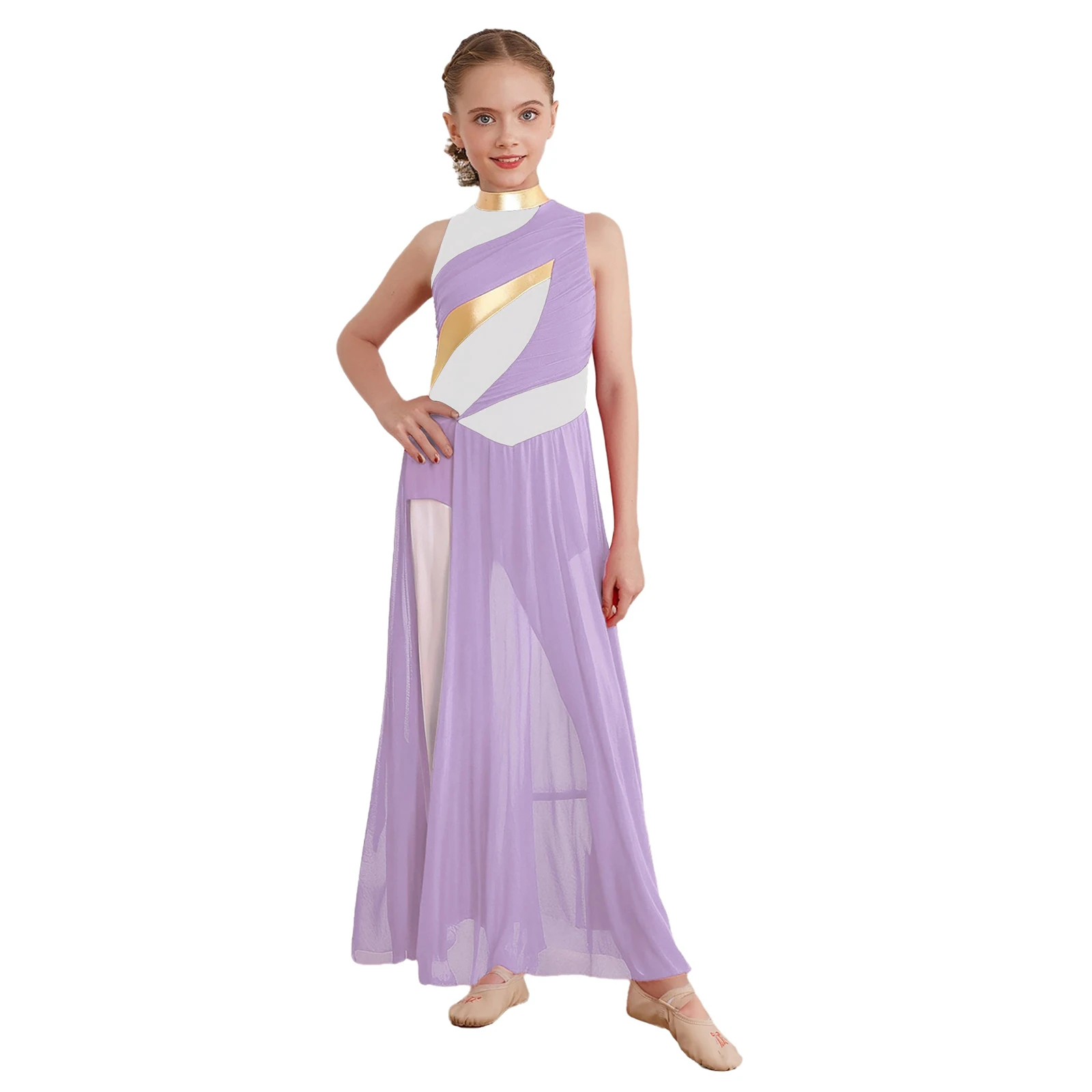 

Kids Girls Modern Lyrical Dance Dress Sleeveless Ruched Mesh Overlay Bodice Split Color Block Leotard Dress Ballroom Dancewear