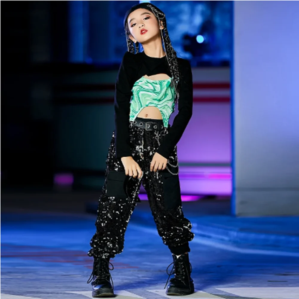 New Kids Hip Hop Dance Clothing Dye Tie Tops Shiny Sequins Pants Girls Jazz Dance Performance Stage Costume Rave Clothes