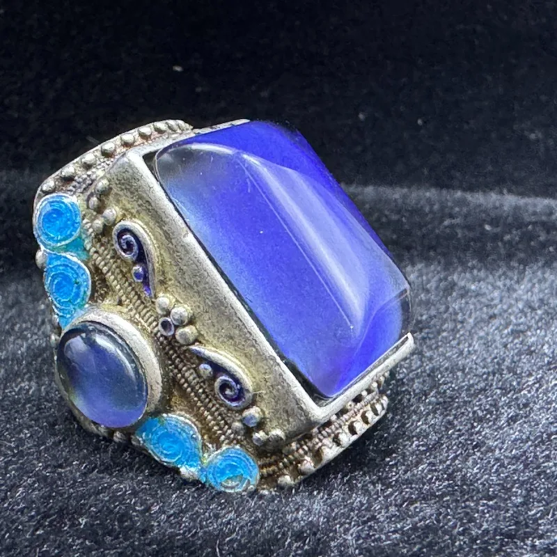 2026Vintage Open Adjustable Ring Cloisonne Enamel Setting Inlaid Square Thermochromic Mood Stone Retro Ethnic Silver‑Tone Statee