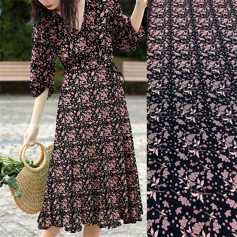 

24 New Black Background Small Floral Breathable Elastic Crepe Fabric High-end Women's Dress Sewing Accessories Pure Silk Fabric