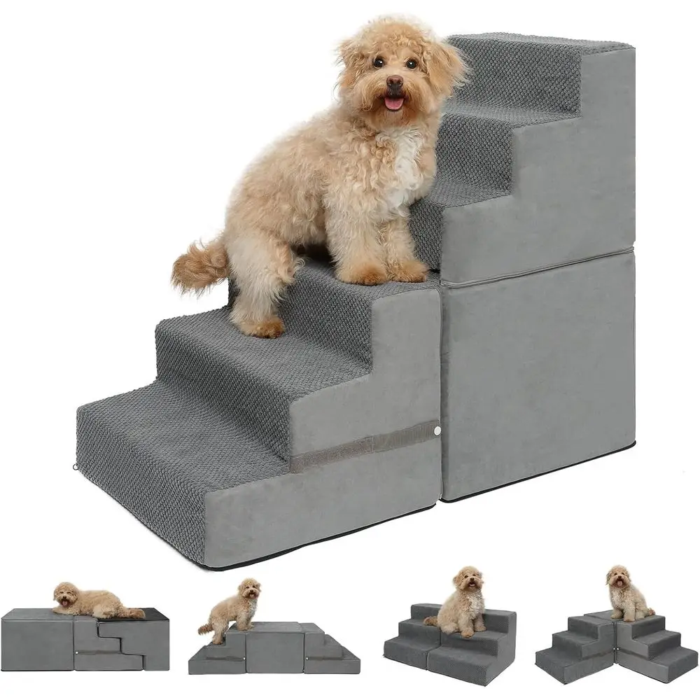 

6-Step Dog Steps for High Bed, High-Density Foam Pet Stairs with Non-Slip Removable Washable Cover to Get on Bed