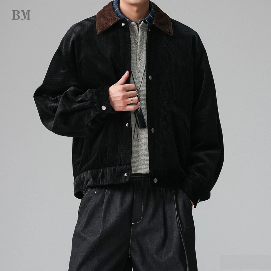 Mens Corduroy Black Work Jacket American Vintage Trendy High Quality Color Block Collar Spring Autumn Casual Short Coat Fashion