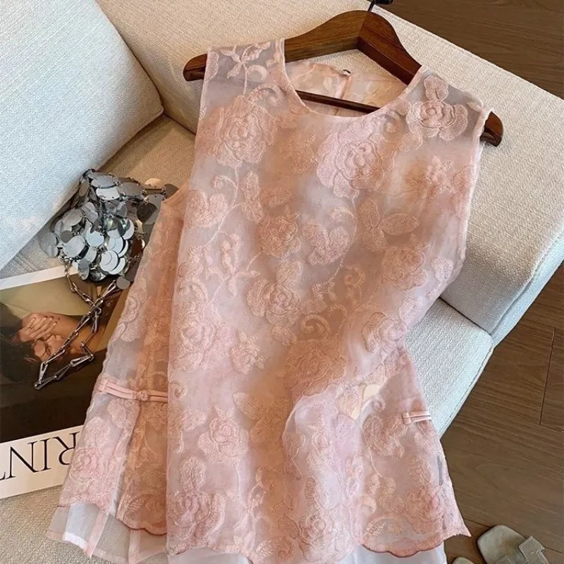 

New Summer Women's Tops O-neck Soft Fairy Tank Top Sleeveless Top Loose Versatile Button-Front Vest See-through Soft T-shirt