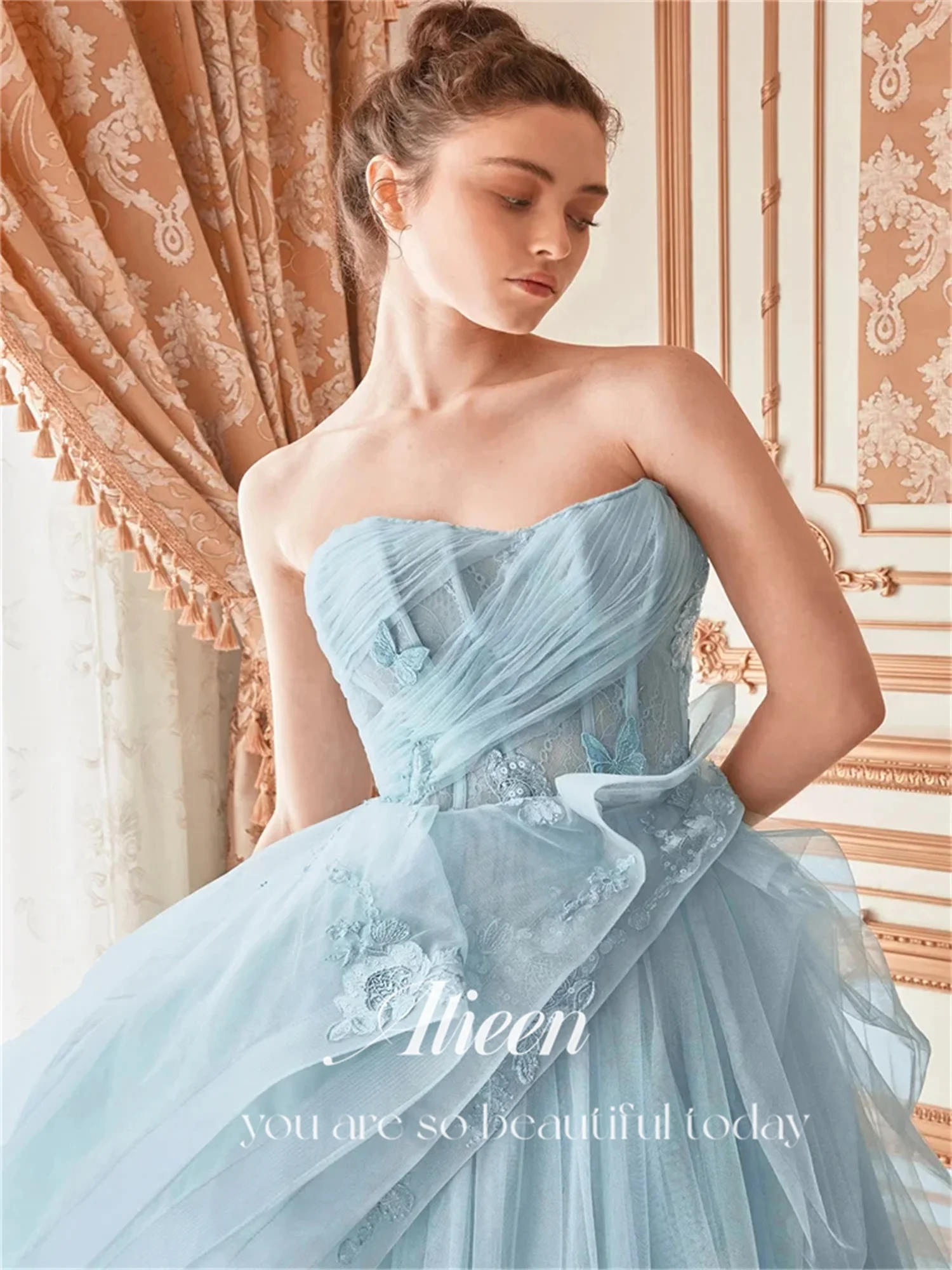 Aileen Strapless Lace Petals Sky Blue A-line Quinceanera Dresses for Formal Occasions Dubai Luxury Evening Dress Es Prom Gown