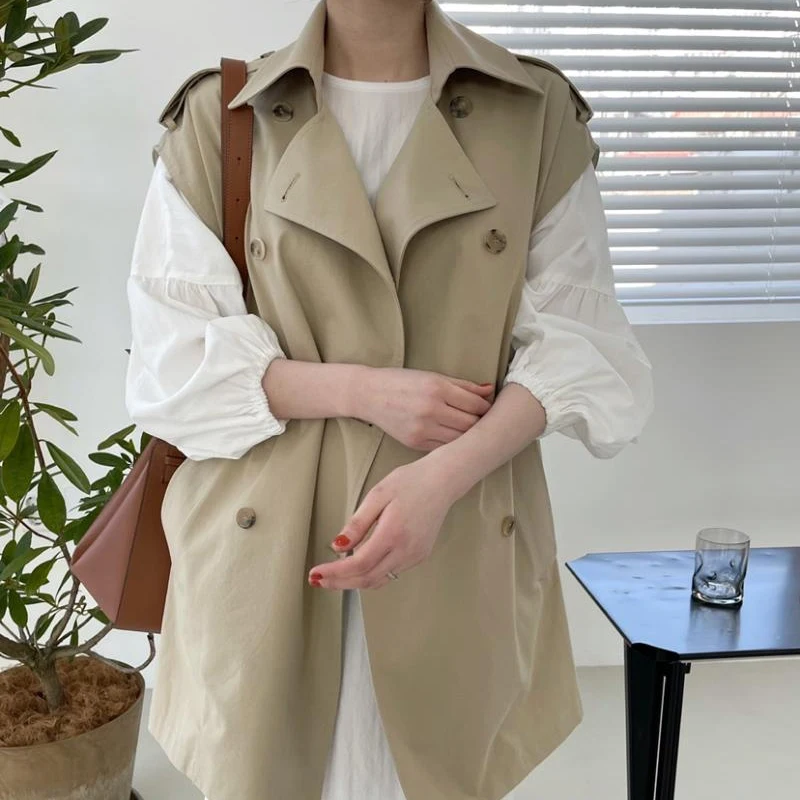 

Fall 2023 Casual Collar Double Breasted Long Svel Vest Sle Women's Outerwear Comfortable Loose Fit Pure Color