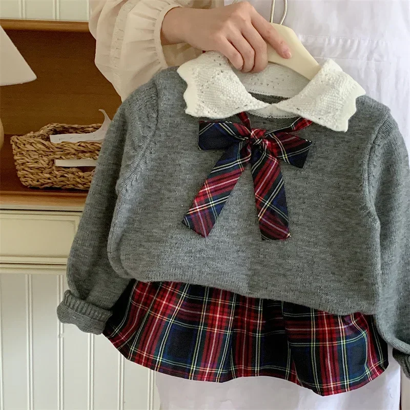 ニューキッズブティック服女の子 JK プレッピースタイルグレーセーター + チェック柄スカート 2 点セットかわいいニットウェア女の赤ちゃん衣装セット 2-7y