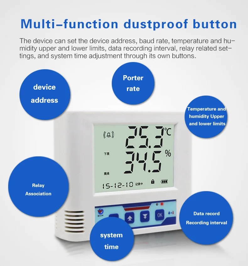 Fonte de bateria Registrador inteligente de dados de temperatura e umidade RS485 Modbus com 65000 leituras