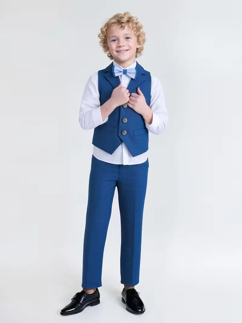 90-170 Boys Spring Summer Blue Vest Shirt Pants Bowtie Photography Suit School Kids Wedding Dress Children Ceremony Costume