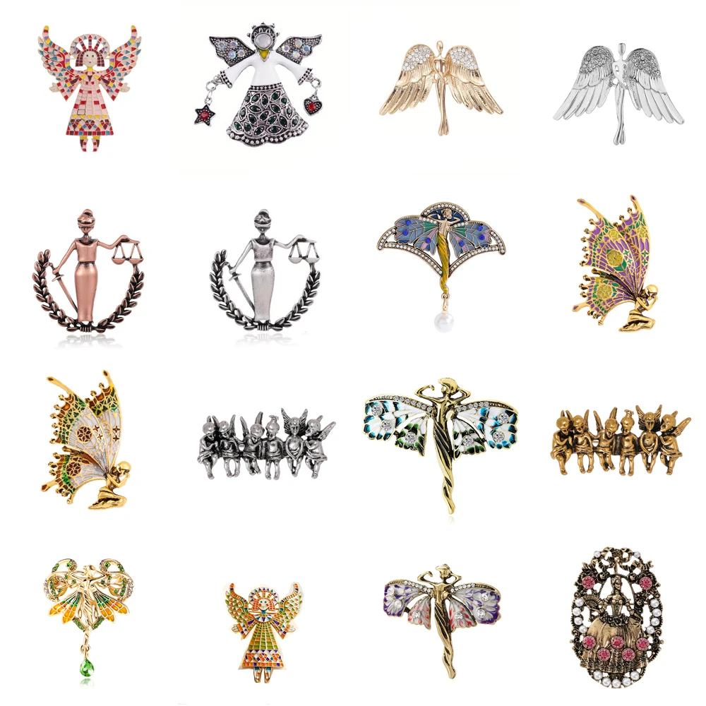 Vintage Enamel Angel Fairy Wings Brooch Justice Goddess Butterfly Elf Pin Women Clothing Corsage Jewelry Gift