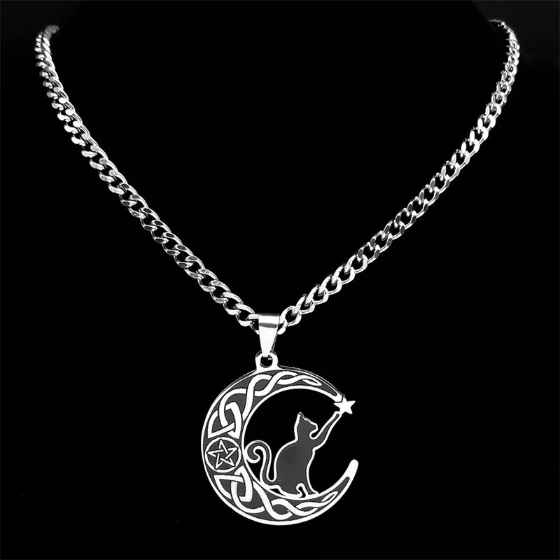 Goth Cat Pentagram Celtic Knot Crescent Necklace Women Stainless Steel Moon Shape Pendant Witch Knots Necklaces Jewelry N7964S03