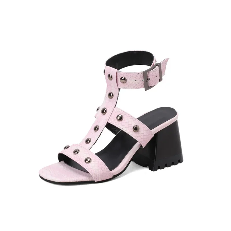 2023 Women\'s New Summer Roman Style Belt Buckle Thick High Heel Single Shoes European and American Fashion Rivet Banquet Sandals