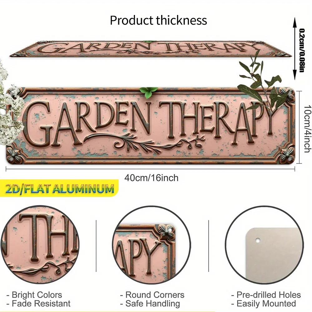 Vintage Garden Therapy Metal Tin Sign, 2D Flat Aluminum Retro Wall Decor Plaque, Rustic Floral Art Poster for Home Garden Patio,
