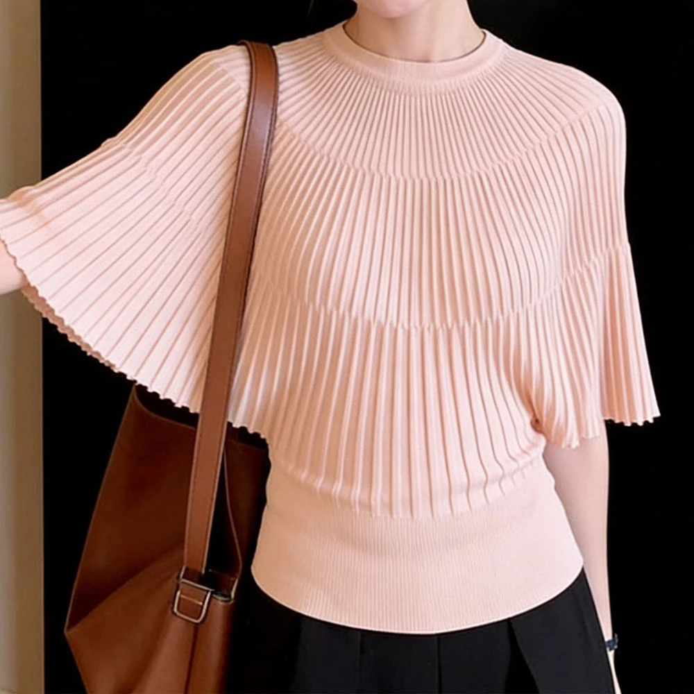 

French Gentle Wind Premium Vertical Pit Strip Knitted Sweater Women's Summer Design Shawl Cape Bat Sleeve Top Clothing