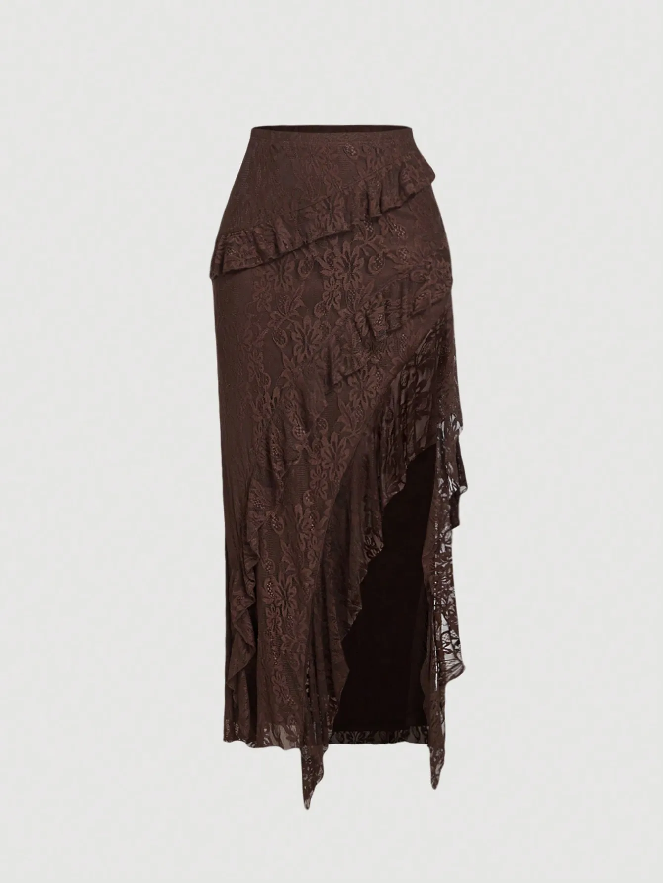 Brown Ruffled High Slit Lace Midi Skirt, Floral Layered High Waist Elegant, Winter Wedding Tea Party Evening Skirt for Women