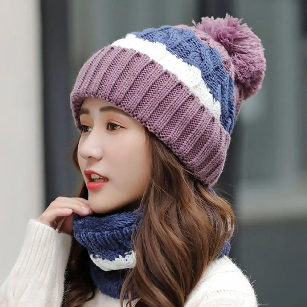 2PCS/Set Winter Warm Knitted Hat Neck Protection Windproof Beanies Hat Outdoor Plush Scarf Set Women