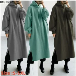 2024 Women's Casual Hooded Sweatshirts Dress Solid Long Sleeve Maxi Dresses Autumn Winter Clothes Vestidos Warm Robe Femme Dress