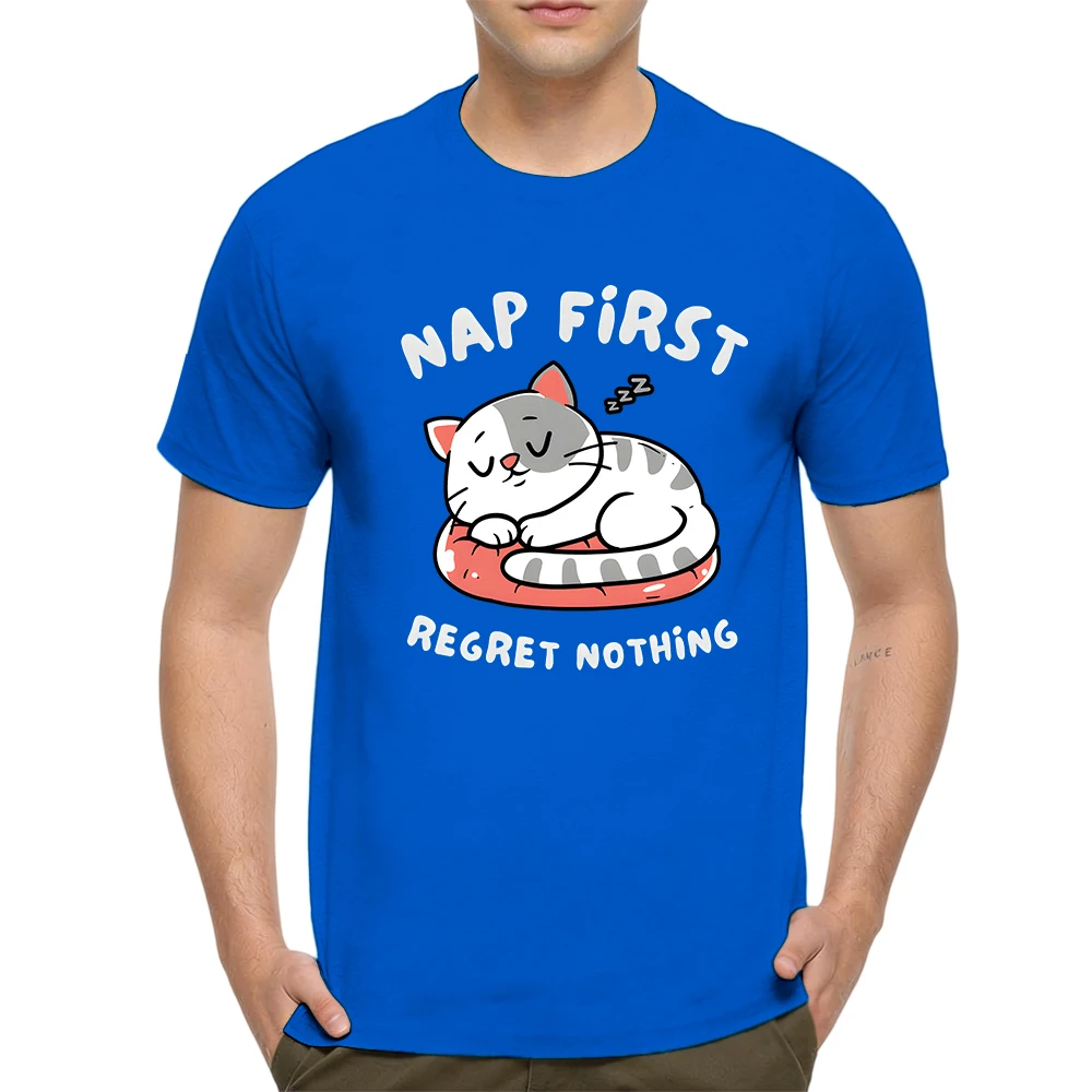 Mens 100% Cotton T Shirt Nap First Regret Nothing Cute Sleeping Grey White Cat Cartoon Print Breathable Short Sleeve Daily Wear