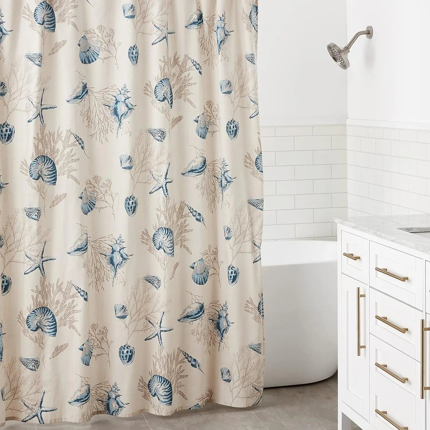 

Print Cotton Fabric Long Shower Curtain, Coastal Shower Curtains for Bathroom,