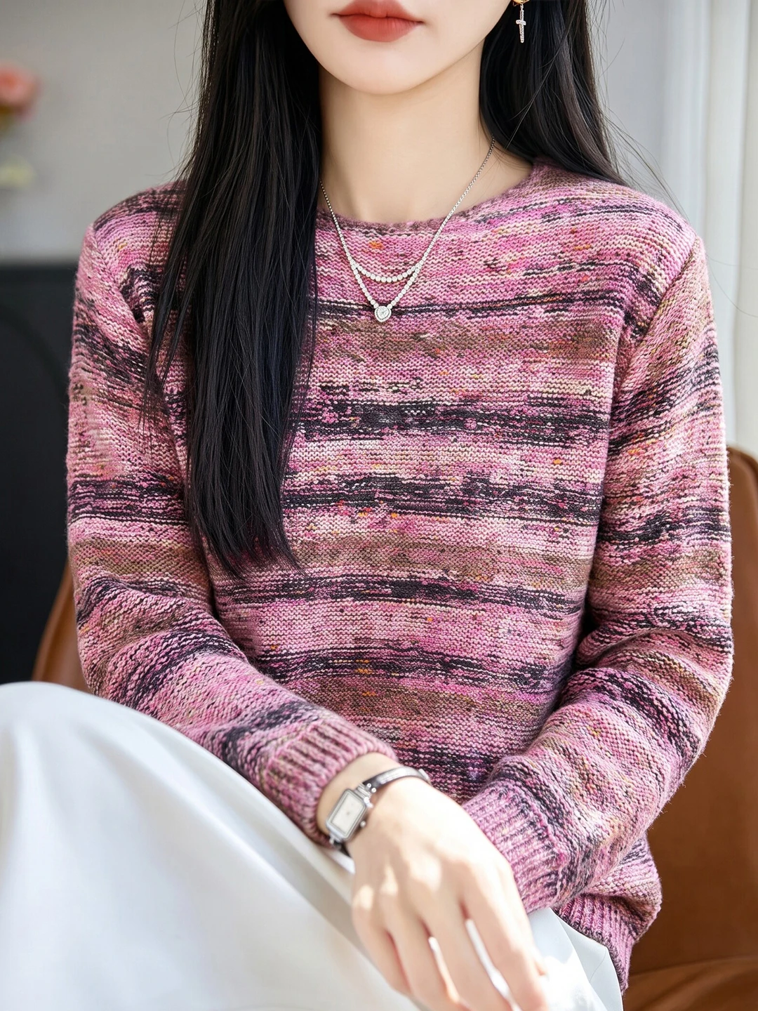 Retro Gradient Stripe Knitwear Women's round Neck Long Sleeve Fashionable Top Warm Base Shirt Sweater New Style Autumn 2026