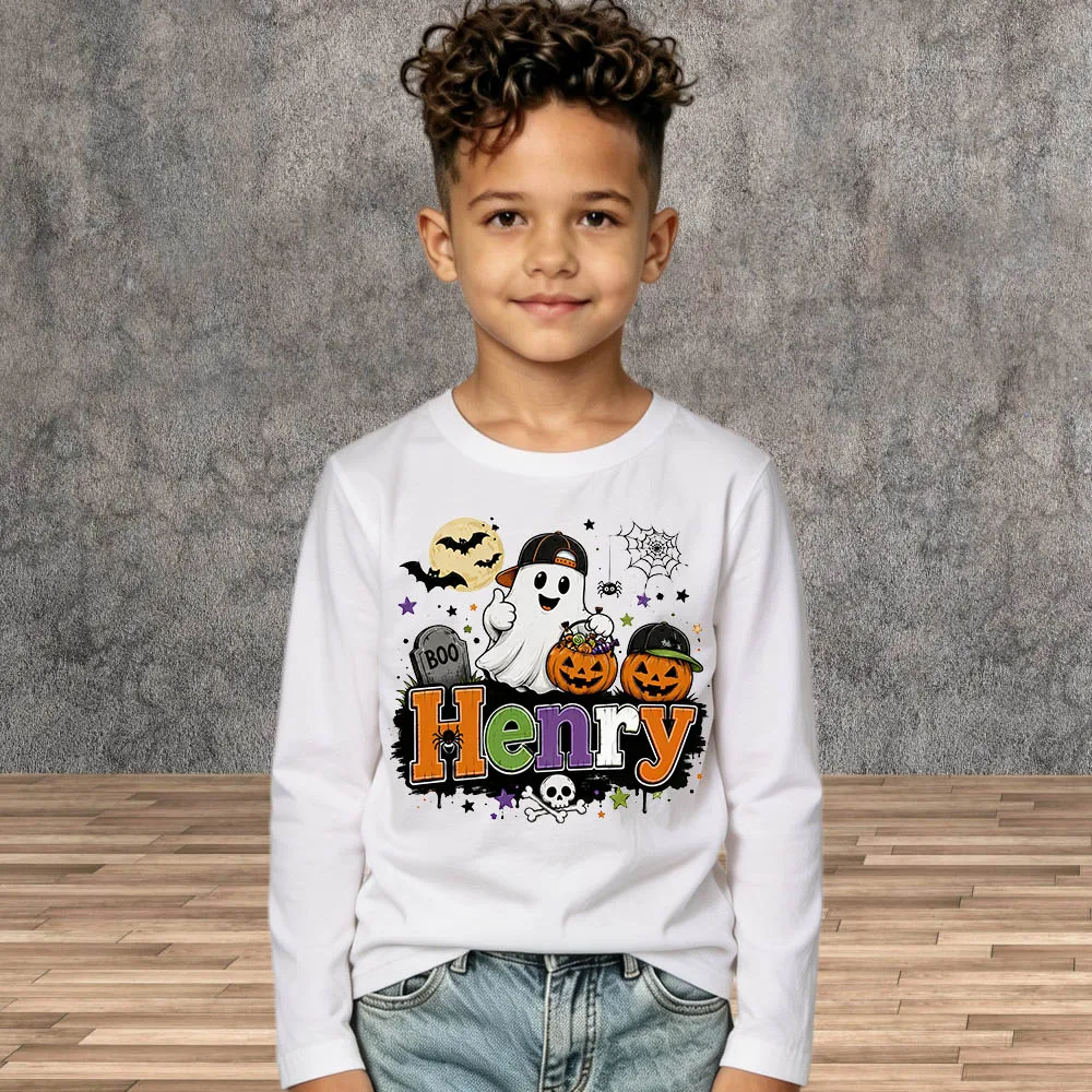 Custom Kids Name Children Halloween Shirt Ghost Pumpkin Graphic Cotton Long Sleeve Toddler Boys Girls Holiday Party T‑Shirt
