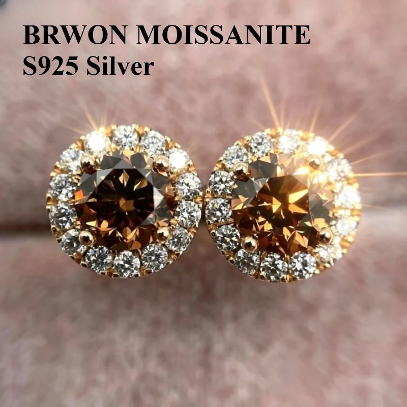

100% S925 silvery brilliant cut brown moissanite screw back 4 prong halo diamond stud earring for women golden plated