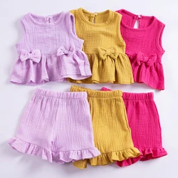 Summer Baby Girl Set,solid Color Sleeveless Double Butterfly Decorative Top+comfortable Shorts,cotton Daily Home or Party Choice