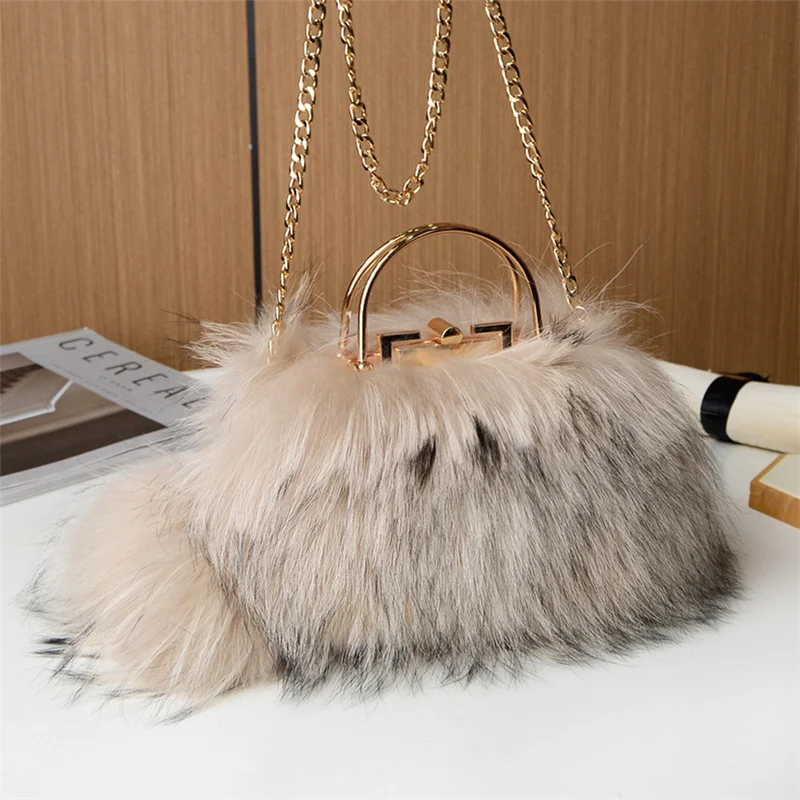 Women's New Fur Luxury Fox Raccoon Fur Fashion Mouth Diagonal Bag Large Capacity Handbag Temperament Women's Luxury Fur Bag