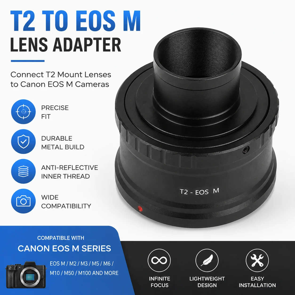 

EOS-M T2 Mount Lens Adapter, M42 to 1.25 Inch Telescope Adapter T Ring Adapter for Canon EOS Camera