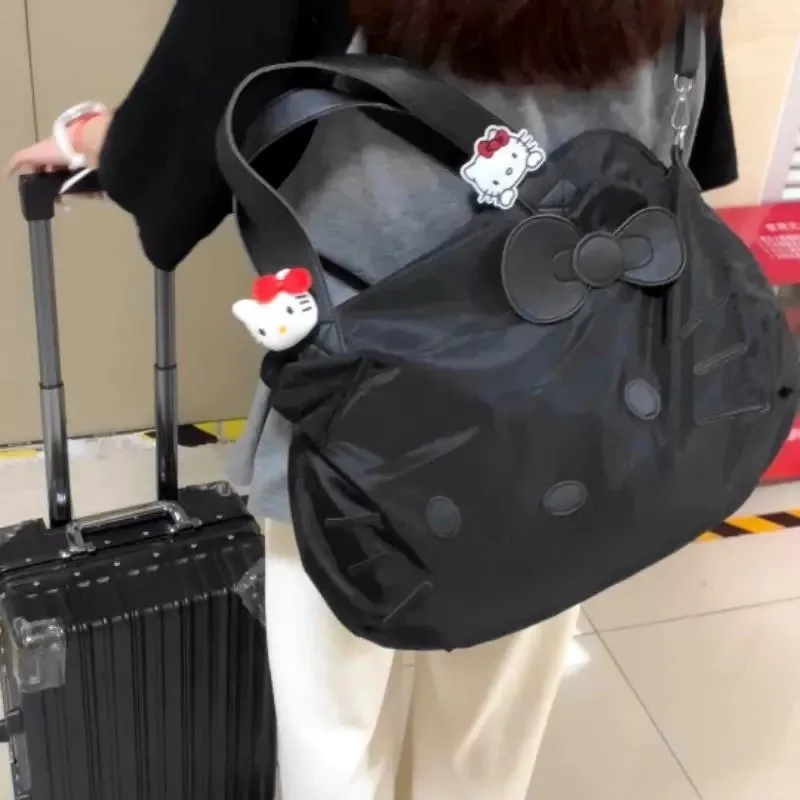 Sanrio Hello Kitty Black Tote Bag Cartoon KT Short Trip Travel Handbag Large Capacity Crossbody Bag Women Big Gym Bag