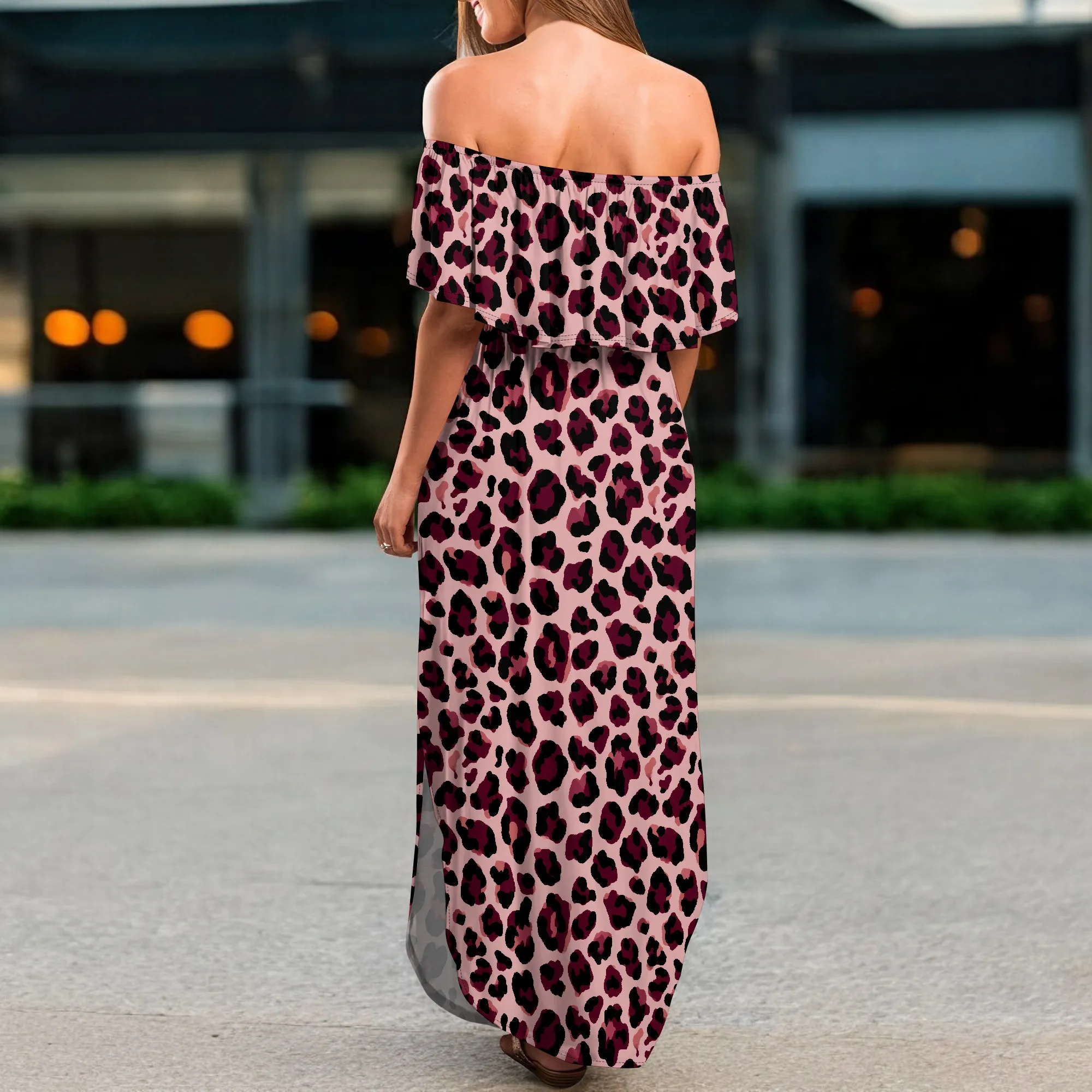 ผู้หญิงปิดไหล่ Ruffle Party Dresses ด้านข้างแยก Beach Maxi Dress