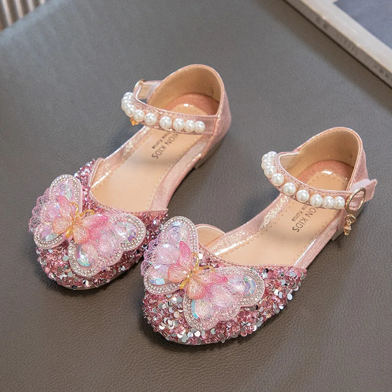 

Летние и осенние кожаные туфли для девочек, модные сандалии с пайетками для малышек, детские туфли-принцессы, размеры 21-36