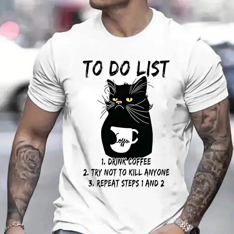 Men\'s T-shirts To Do List Drink Coffee and Try Not To Kill Anyone Funny Cat T-Shirt Anime Clothes Short Sleeve Tee Shirts Homme