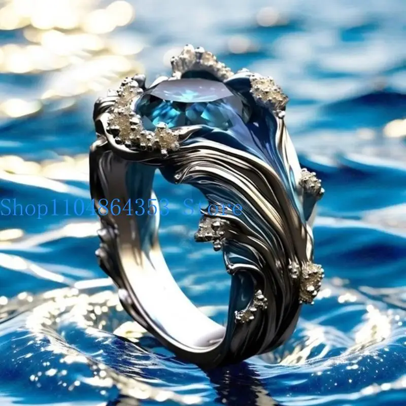 652F Fashionable Oceans Embracing Adjustable Rings Waving Silver and Sturdy Resin Designs Elegant Gifts for Oceans Lovers