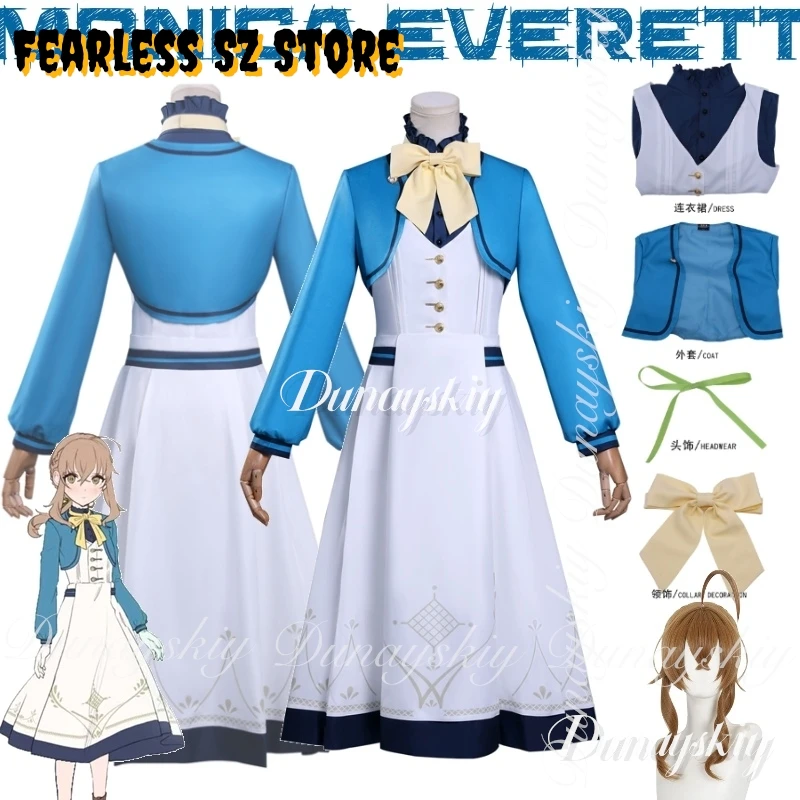 

Anime Monica Everett Cosplay Secrets of the Silent Witch With Coffee color Wig With The Blue White Dress Cosplay Costume All Set