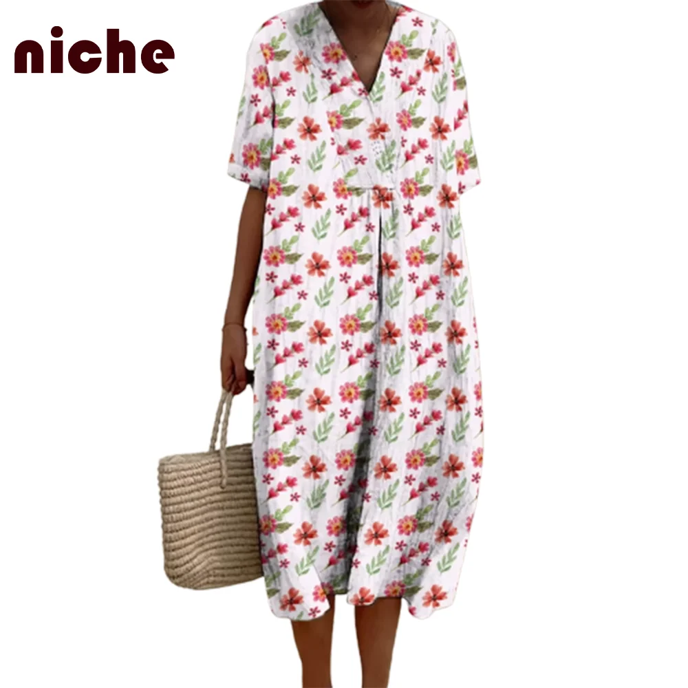 Fashion Women's Dress Retro Flower Graphic Printing High Quality Soft Fabric Fashion Trend New Loose V-Neck Beach Skirt