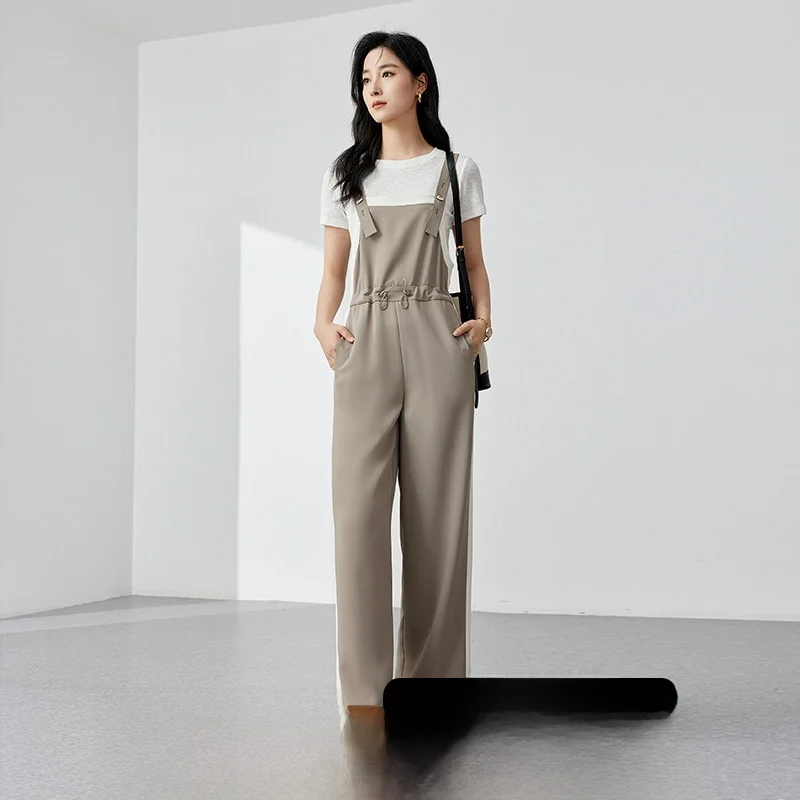 

Summer 2026 Women's Elastic Waist Band Loose Casual Faionable One-Piece Rer with Straps High Waist Straight Leg Pants