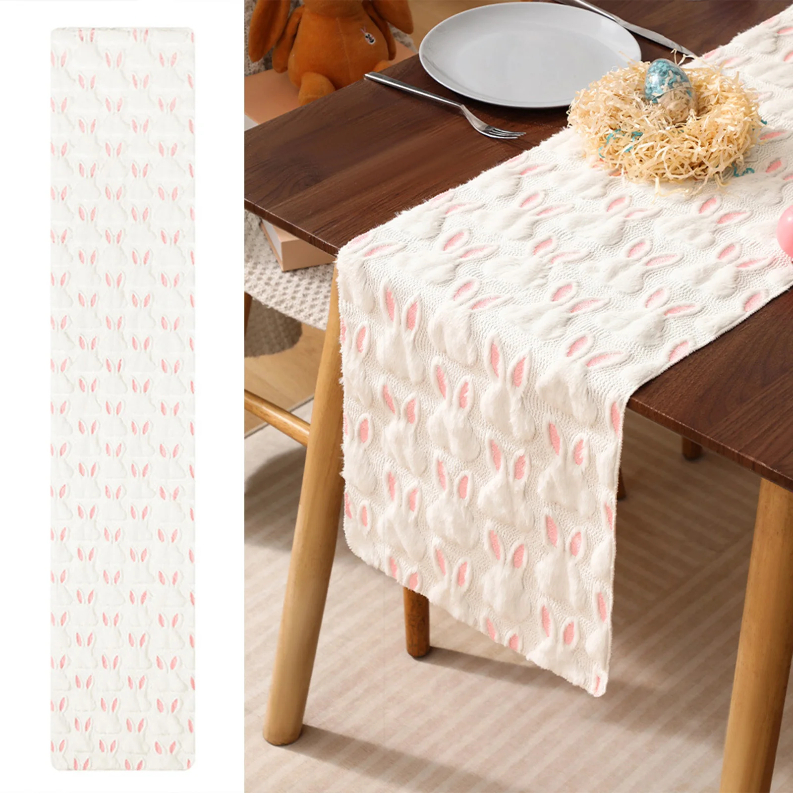 

Easter Bunny Table Runner Nordic Style Plush Holiday Decoration Soft Fuzzy Tablecloth for Simple Home Party Festive Dining