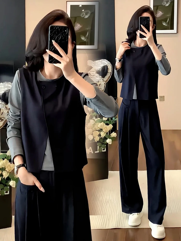

Casual Faion Women's Vest T-irt Wide Leg Pants Set Simple Design Autumn New Sle Breathable Medium Thin Tee Pieces