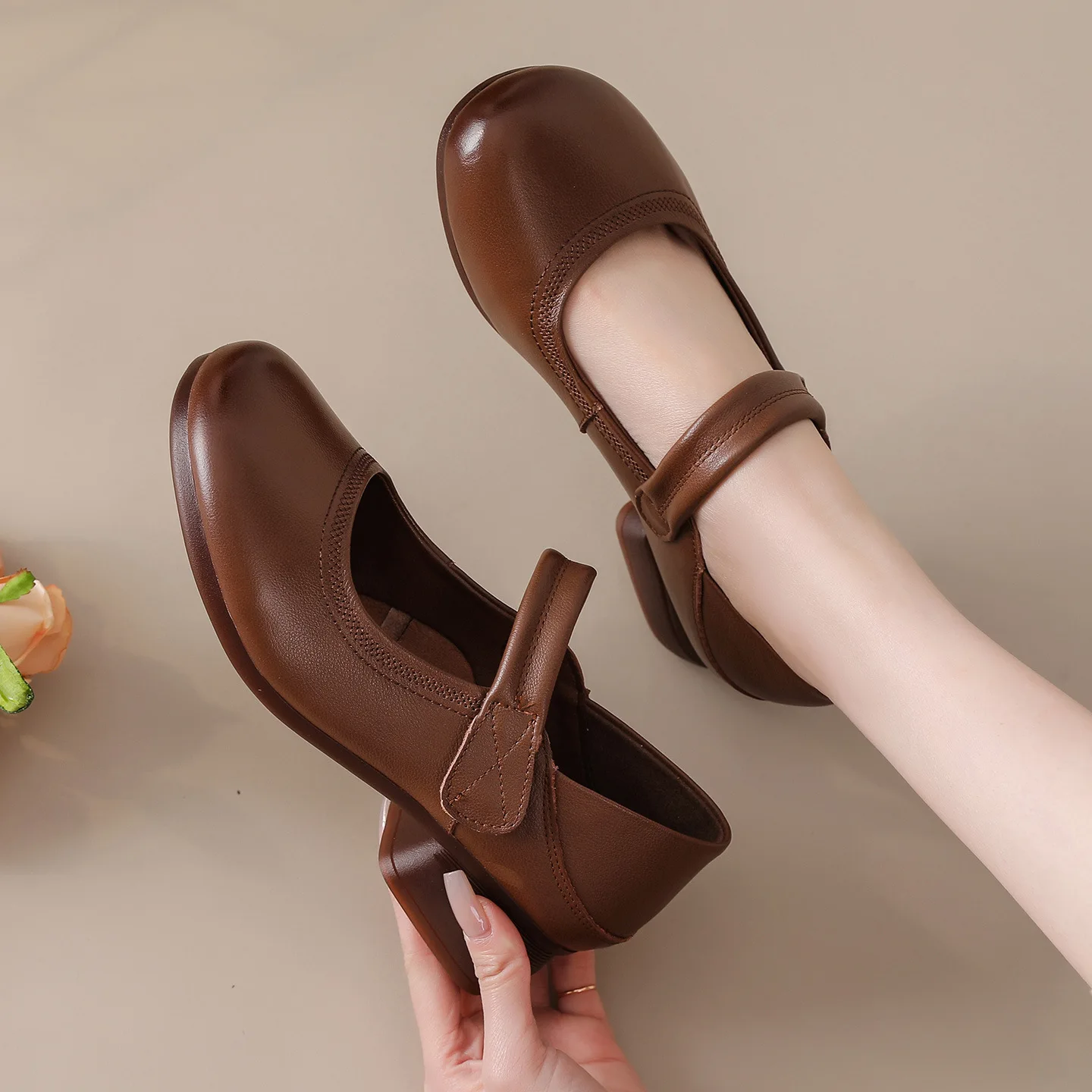 

New Genuine Leather Mary Jane Shoes for Women Retro Round Toe Low Heel Flats Comfortable Non-Slip Casual Work Shoes