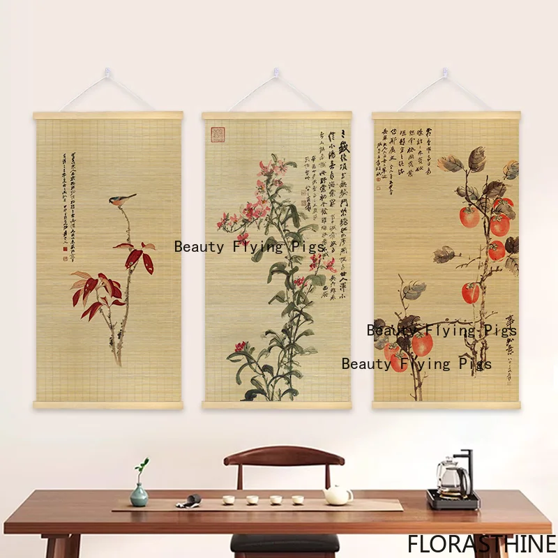 1pc Chinese Style Printed Bamboo Curtain Painting Decorative Scroll Painting Bamboo Homestay Weaving Home Decoration