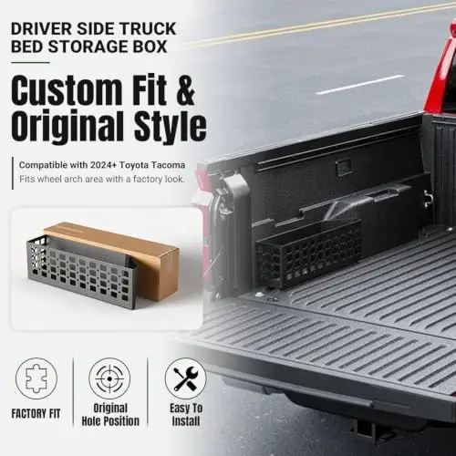Driver Side Truck Storage Box Compatible with 24-26 Toyota Tacoma | Cargo Manager Molle Panel Truck Bed Side Tool Box Storage