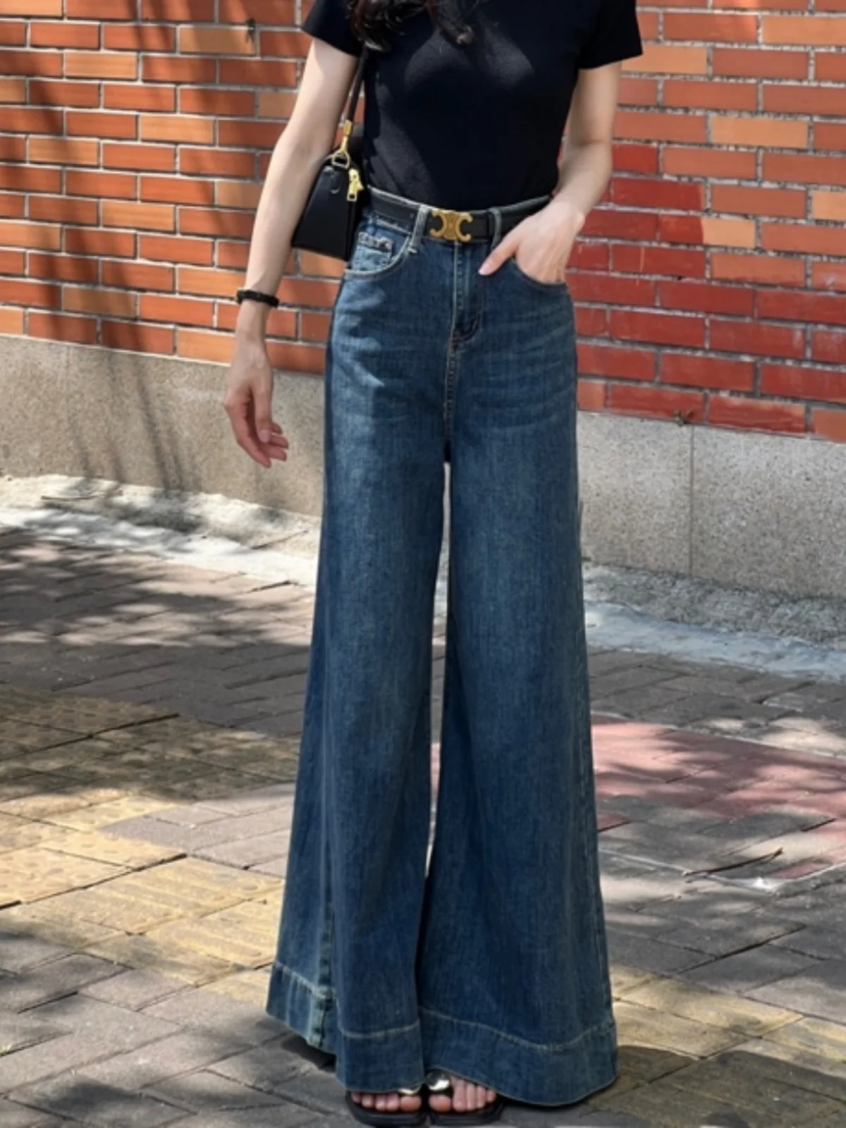 

Джинсы женские Deep Blue с высокой талией, широкими штанинами, осенние, новая корейская версия, стройнящие, длиной в пол