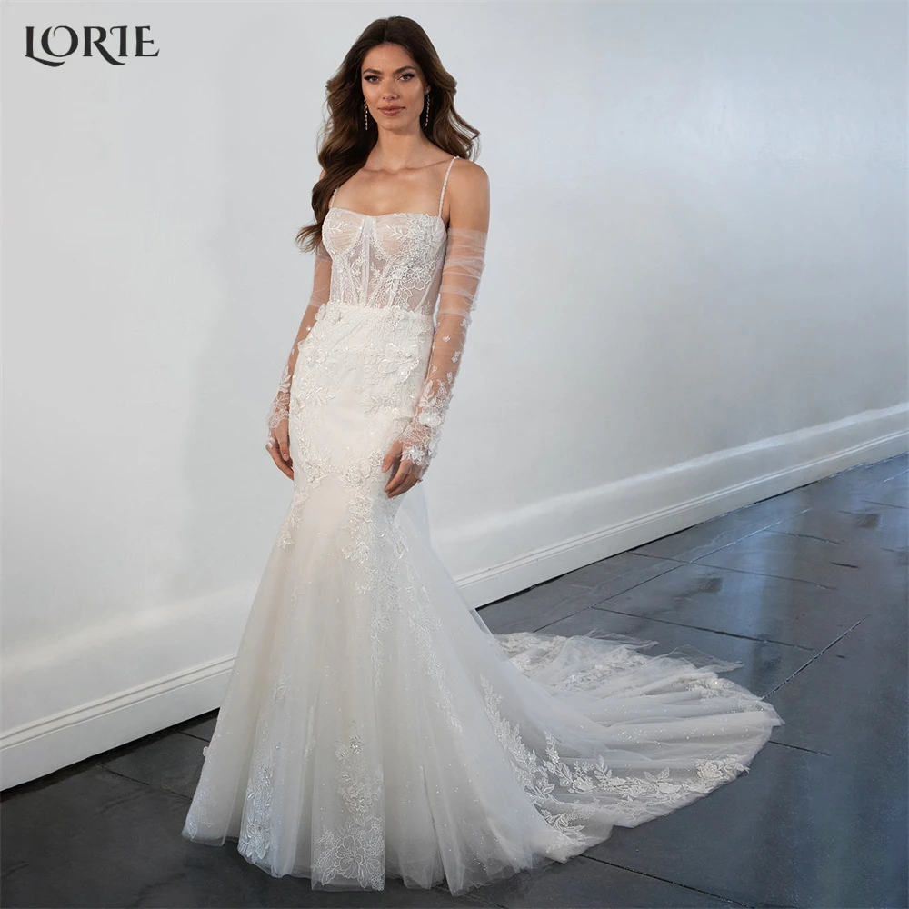 LORIE – robe de mariée sirène en dentelle scintillante, dos nu, avec des Appliques, bretelles Spaghetti, sans gants