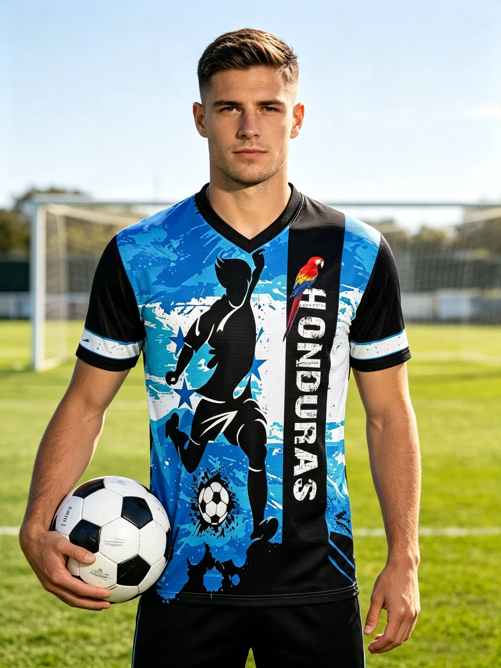 2026 Honduras V‑neck soccer jersey, parrot and footballer silhouette print, blue‑black splash‑ink pattern, quick‑dry fabric