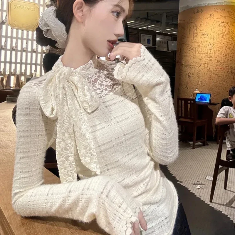 White Lace Bow Pennant T-Shirt Women Simple Long Sleeve Spring Fall Elagant Slim Chic Pullover Fashion Patchwork Sweet Tops