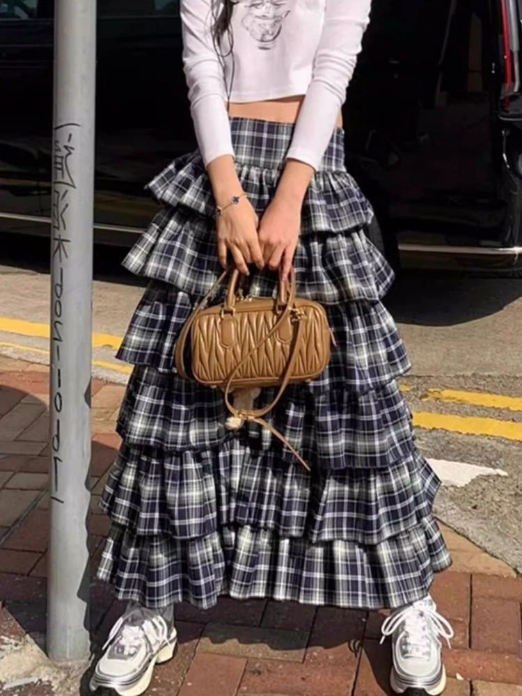 Zoki Vintage Plaid Cake Long Skirts Women High Waist Casual Korean Skirt Streetwear Retro Design Female Spring Y2K Skirts New