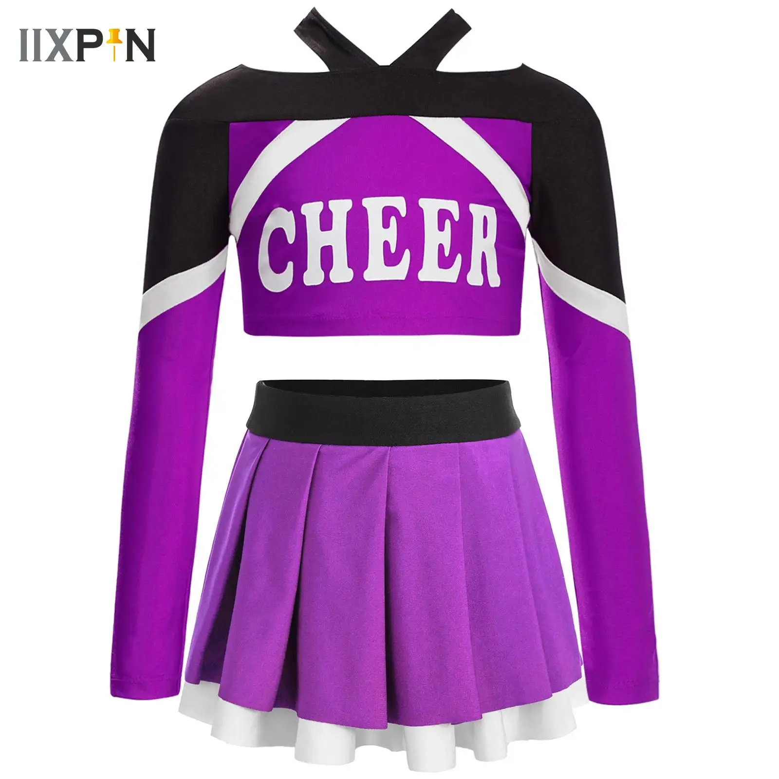 

Kids Child Cosplay Cheerleader Costume Cheerleading Uniform Outfit Letter Print Crop Top with Skirt School Girls Dancewear Sets