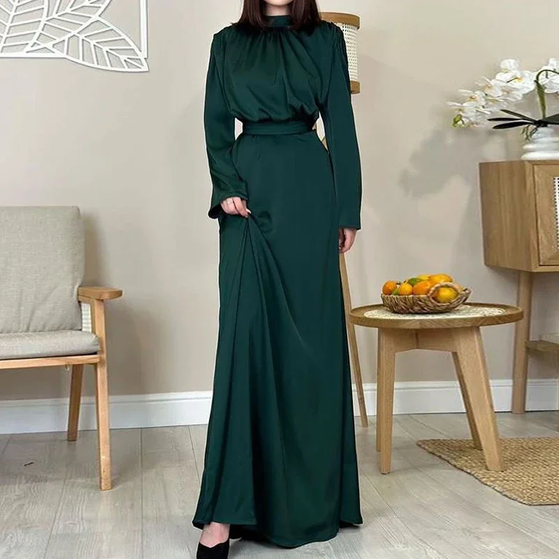 Fashion Half High Neck Long Sleeve Maxi Dress Spring Elegant High Waist Draped Long Dress Women Summer Casual Solid Party Dress